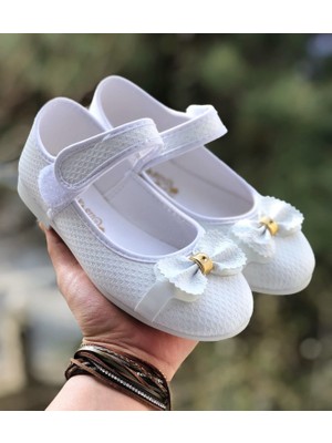 Ay&Su Kız Çocuk Cırt Cırtlı Beyaz Babet , Fiyonk Detaylı Kaydırmaz Taban