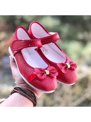 Ay&Su Kız Çocuk Cırt Cırtlı Kırmızı Babet , Fiyonk Detaylı Kaydırmaz Taban