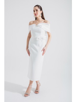 Lafaba Kadın Midi Abiye Elbise Beyaz Kayık Yaka Fiyonklu Şık Tasarım Özel Olaylar İçin