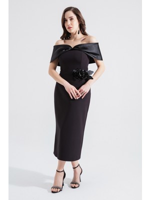 Lafaba Kadın Siyah Kayık Yaka Fiyonklu Midi Abiye Elbise
