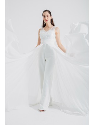 Lafaba Kadın Beyaz Şifon Abiye Tulum