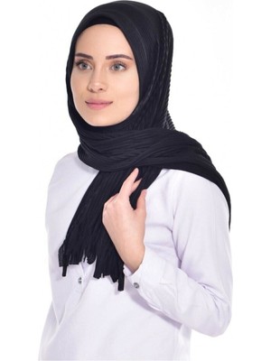 Moda Blue Piliseli Siyah Önü Hazır Ince Süngerli Hazır Şal/pratik Şal Eşarp