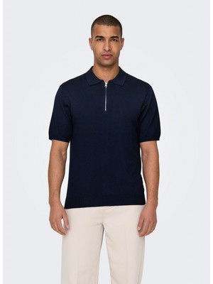 Only & Sons Düz Koyu Lacivert Erkek Polo T-Shirt Onswyler Lıfe Reg 14 Ss Zıp Polo Kn