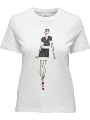 Only O Yaka Baskılı Açık Beyaz Kadın T-Shirt Onlmolly Reg S/s Ladıes Top Box Jrs