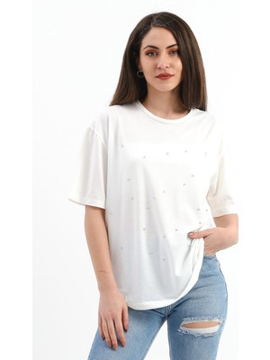 Vapur Tekstil Bisiklet Yaka Halka ve Boncuk Detaylı T-Shirt - Ekru