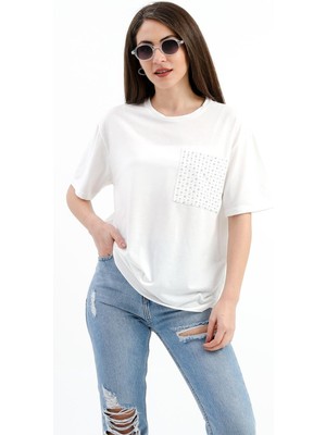 Vapur Tekstil Zımba Detaylı Cepli T- Shirt - Ekru