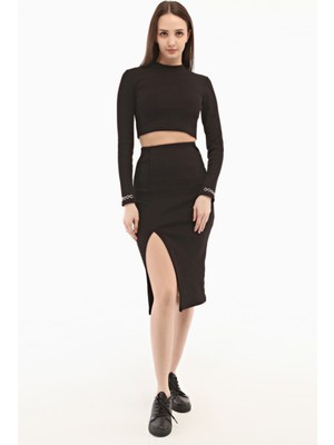 Penye Bizden Kadın Yırtmaçlı Etek-Siyah
