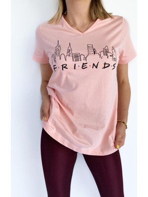 Key Moda Kadın V Yaka Friends Baskılı Pembe Tshirt