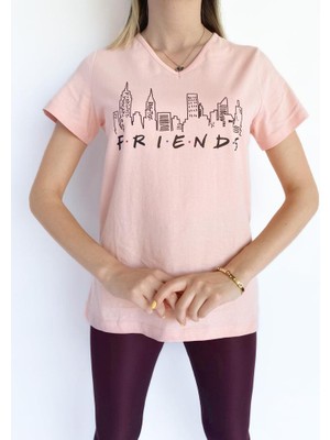 Key Moda Kadın V Yaka Friends Baskılı Pembe Tshirt