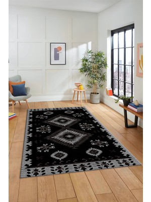 Evdeya Dijital Baskılı Kaymaz Yıkanabilir Etnik Desenli Yolluk Mutfak Salon Halısı, Etnik-02-Antrasit