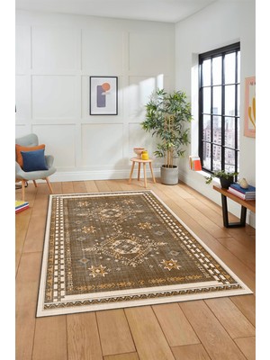 Evdeya Dijital Baskılı Kaymaz Yıkanabilir Etnik Desen Yolluk Mutfak Salon Halısı, Etnik-03-Kahve