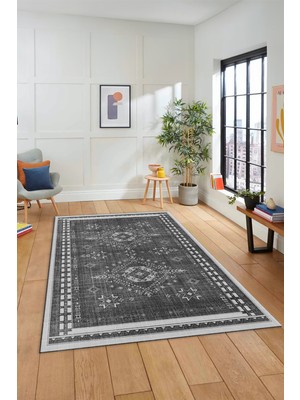 Evdeya Dijital Baskılı Kaymaz Yıkanabilir Etnik Desen Yolluk Mutfak Salon Halısı, Etnik-03-Antrasit