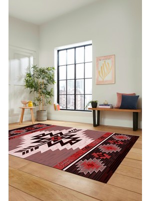 Evdeya Etnik Desenli Dijital Baskılı Kaymaz Yıkanabilir Yolluk Mutfak Salon Halısı, Etnik-05-Bordo