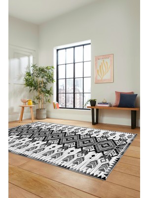 Evdeya Renkli Etnik Desenli Dijital Kaymaz Yıkanabilir Yolluk Mutfak Salon Halısı, Etnik-06-Gri