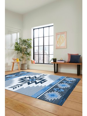 Evdeya Etnik Desenli Dijital Baskılı Kaymaz Yıkanabilir Yolluk Mutfak Salon Halısı, Etnik-05-Mavi