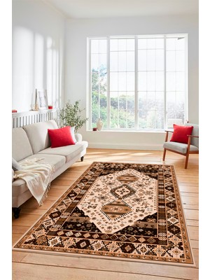 Evdeya Etnik Klasik Desenli Dijital Baskılı Kaymaz Yıkanabilir Yolluk Salon Halısı, Etnik-07-Kahve