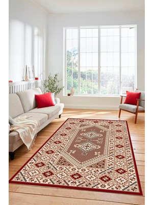 Evdeya Şık Tasarım Etnik Desenli Dijital Kaymaz Yıkanabilir Yolluk Salon Halısı, Etnik-08-Bordo