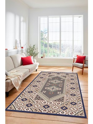 Evdeya Şık Tasarım Etnik Desenli Dijital Kaymaz Yıkanabilir Yolluk Salon Halısı, Etnik-08-Lacevert