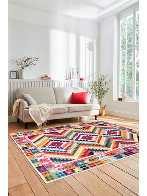 Evdeya Modern Tasarım Etnik Desenli Dijital Kaymaz Yıkanabilir Yolluk Salon Halısı, Etnik-09-Renkli