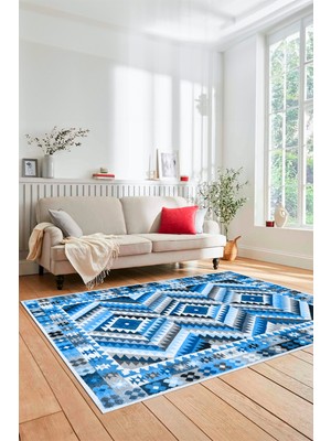 Evdeya Modern Tasarım Etnik Desenli Dijital Kaymaz Yıkanabilir Yolluk Salon Halısı, Etnik-09-Mavi