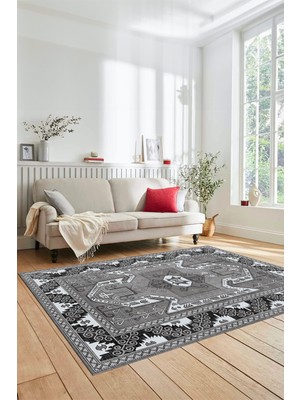 Evdeya Şık Etnik Desenli Dijital Kaymaz Yıkanabilir Yolluk Mutfak Salon Halısı, Etnik-10-Gri