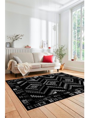 Evdeya Modern Tasarım Etnik Desenli Dijital Kaymaz Yıkanabilir Yolluk Salon Halısı, Etnik-09-Antrasit