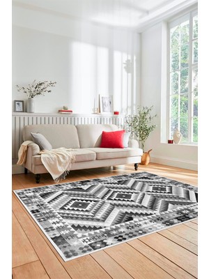 Evdeya Modern Tasarım Etnik Desenli Dijital Kaymaz Yıkanabilir Yolluk Salon Halısı, Etnik-09-Gri