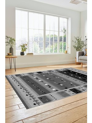 Evdeya Dijital Kaymaz Yıkanabilir Şık Motifli Etnik Desenli Yolluk Mutfak Salon Halısı, Etnik-15-Antrasit