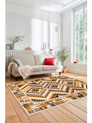 Evdeya Modern Tasarım Etnik Desenli Dijital Kaymaz Yıkanabilir Yolluk Salon Halısı, Etnik-09-Kahve