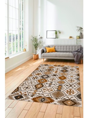 Evdeya Dijital Baskılı Kaymaz Yıkanabilir Etnik Desenli Yolluk Mutfak Salon Halısı, Etnik-12-Kahve