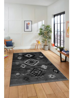 Evdeya Dijital Baskılı Kaymaz Yıkanabilir Etnik Desenli Mutfak Salon Halısı, Etnik-01-Gri