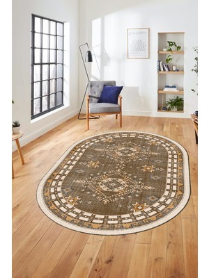 Evdeya Dijital Kaymaz Yıkanabilir Etnik Desen Oval Yolluk Mutfak Salon Halısı, O-Etnik-03-Kahve,