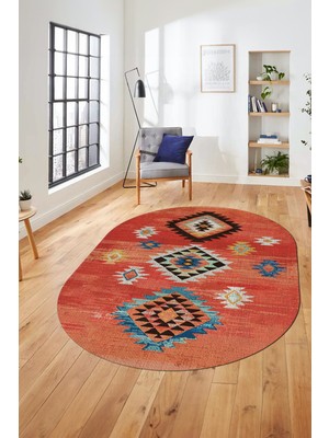 Evdeya Dijital Baskılı Kaymaz Yıkanabilir Etnik Desenli Oval Mutfak Salon Halısı, O-Etnik-01-Kırmızı,
