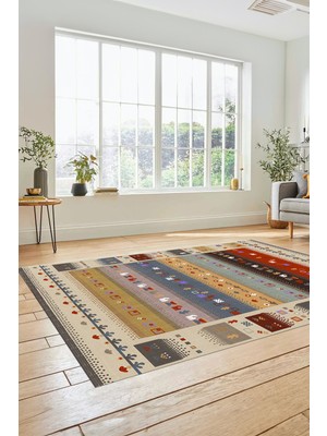 Evdeya Dijital Kaymaz Yıkanabilir Şık Motifli Etnik Desenli Yolluk Mutfak Salon Halısı, Etnik-15-Renkli