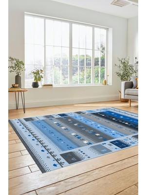 Evdeya Dijital Kaymaz Yıkanabilir Şık Motifli Etnik Desenli Yolluk Mutfak Salon Halısı, Etnik-15-Mavi