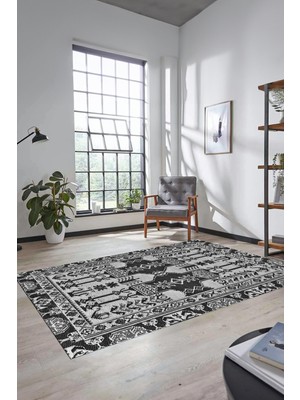 Evdeya Şık Tasarım Etnik Desen Kaymaz Yıkanabilir Yolluk Mutfak Salon Koridor Halısı, Etnik-20-Gri