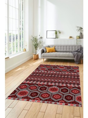 Evdeya Dijital Baskılı Kaymaz Yıkanabilir Şık Etnik Desenli Yolluk Mutfak Salon Halısı, Etnik-13-Kırmızı