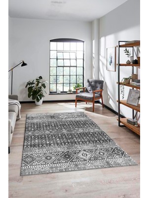 Evdeya Yeni Tasarım Etnik Desenli Yıkanabilir Yolluk Mutfak Salon Koridor Halısı, Etnik-17-Gri