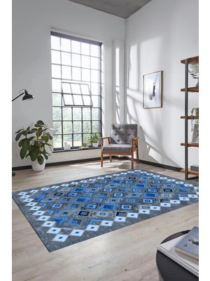 Evdeya Sade Tasarım Etnik Desen Kaymaz Yıkanabilir Yolluk Mutfak Salon Koridor Halısı, Etnik-19-Mavi