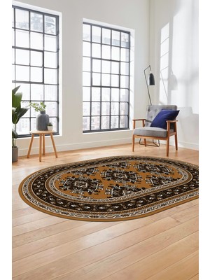 Evdeya Dijital Kaymaz Yıkanabilir Şık Etnik Desen Oval Yolluk Mutfak Salon Halısı, O-Etnik-04-Kahve,