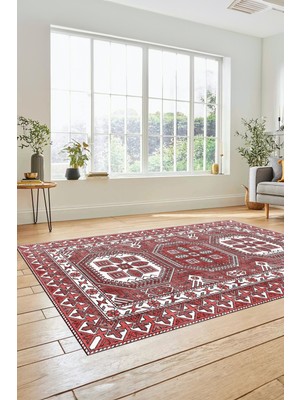 Evdeya Dijital Kaymaz Yıkanabilir Şık Tasarım Etnik Desenli Yolluk Mutfak Salon Halısı, Etnik-14-Kırmızı