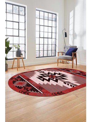 Evdeya Etnik Desenli Dijital Baskılı Kaymaz Yıkanabilir Oval Yolluk Mutfak Salon Halısı, O-Etnik-05-Bordo,