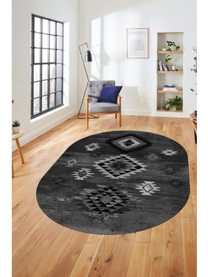 Evdeya Dijital Baskılı Kaymaz Yıkanabilir Etnik Desenli Oval Mutfak Salon Halısı, O-Etnik-01-Gri,