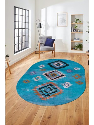 Evdeya Dijital Baskılı Kaymaz Yıkanabilir Etnik Desenli Oval Mutfak Salon Halısı, O-Etnik-01-Mavi,