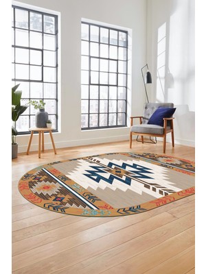 Evdeya Etnik Desenli Dijital Baskılı Kaymaz Yıkanabilir Oval Yolluk Mutfak Salon Halısı, O-Etnik-05-Renkli,