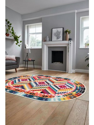 Evdeya Modern Tasarım Etnik Desen Dijital Kaymaz Yıkanabilir Oval Yolluk Salon Halısı, O-Etnik-09-Renkli,