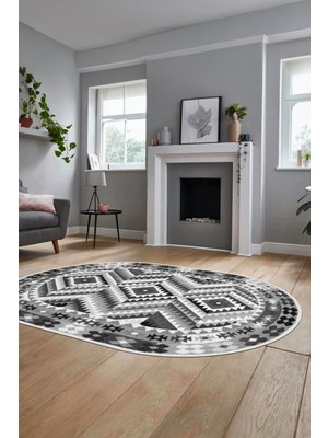 Evdeya Modern Tasarım Etnik Desen Dijital Kaymaz Yıkanabilir Oval Yolluk Salon Halısı, O-Etnik-09-Gri,