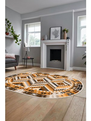 Evdeya Modern Tasarım Etnik Desen Dijital Kaymaz Yıkanabilir Oval Yolluk Salon Halısı, O-Etnik-09-Kahve,
