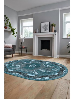 Evdeya Şık Etnik Desenli Dijital Kaymaz Yıkanabilir Oval Yolluk Mutfak Salon Halısı, O-Etnik-10-Mavi,