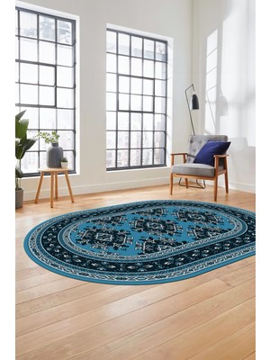 Evdeya Dijital Kaymaz Yıkanabilir Şık Etnik Desen Oval Yolluk Mutfak Salon Halısı, O-Etnik-04-Mavi,